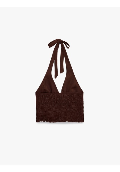 Koton Keten Karışımlı Halter Yaka Boyundan Bağlamalı Gipeli Crop Top Kahverengi 6sal30008ıw Kahve
