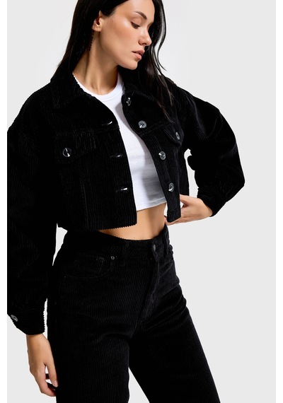 Kadın Siyah Renk 26w5-1 Crop Fit Düğmeli Kalın Fitilli Velvet Kadife Kumaş Ceket
