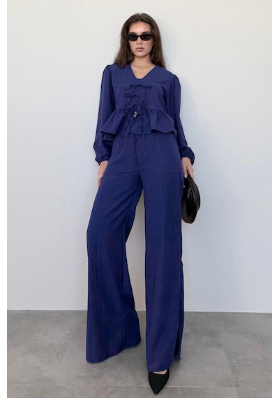 Madmext Lacivert Önü Bağlamalı Bluz Pantolon Takımı Mg2343 Lacivert