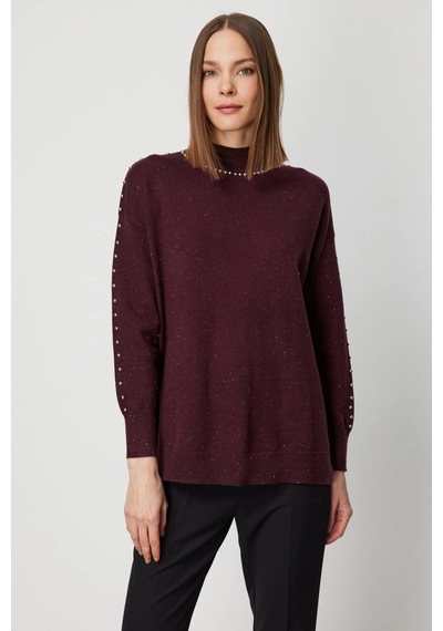 On Fashion Kadın Zımba Detaylı Bordo Kazak 60307 Bordo