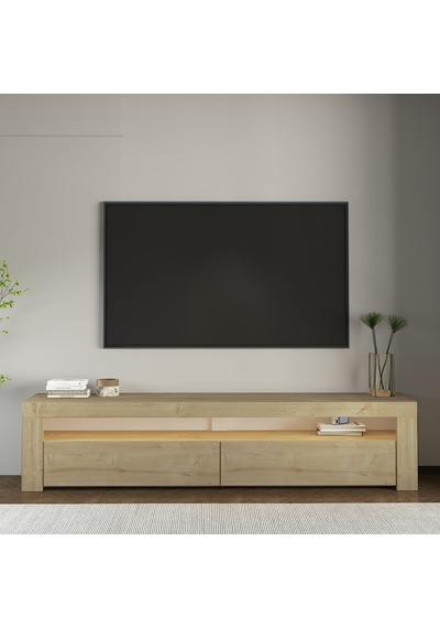 Batı Led Işıklı 2 Kapaklı Tv Sehpası 150 Cm Minimal Tasarım Safir Meşe