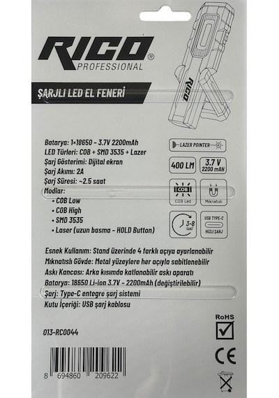 Rico 013-rc0044 Şarjlı Led Lamba 400 Lümen Siyah - Kırmızı