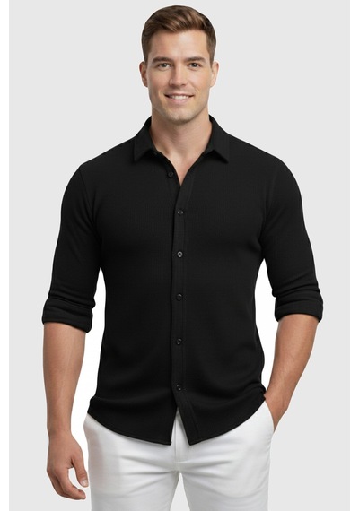 Rizzup Siyah Slim Fit Örme Kumaş Likralı Erkek Gömlek Nefes Alan Esnek Ve Modern Tasarım 2602604
