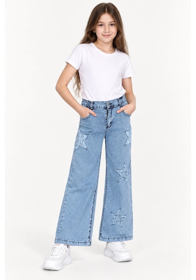 Rony Pony Kids Kız Çocuk Açık Mavi Yıldız Nakışlı Geniş Paça Likralı Kot Pantolon Mavi-lacivert
