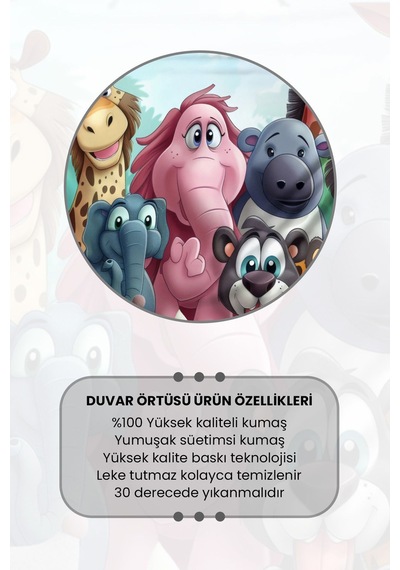 Neşeli Hayvanlar Desenli Duvar Halısı Duvar Örtüsü Çocuk Odası Tapestry Süet Dokulu Kumaş