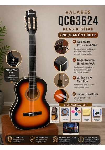 Valares Qcg3624 Klasik Gitar 39 4/4 Tam Boy Sap Ayarlı Truss Rod Köşe Korumalı Askı Aparatlı Parlak Gloss Sunburst