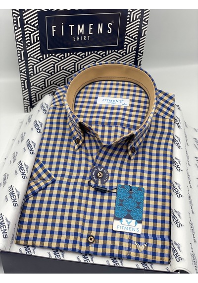 Klasik Kısa Kol Kareli Yaka Düğmeli Hediye Kutulu Erkek Gömlek Fs-004576 - Camel-3313