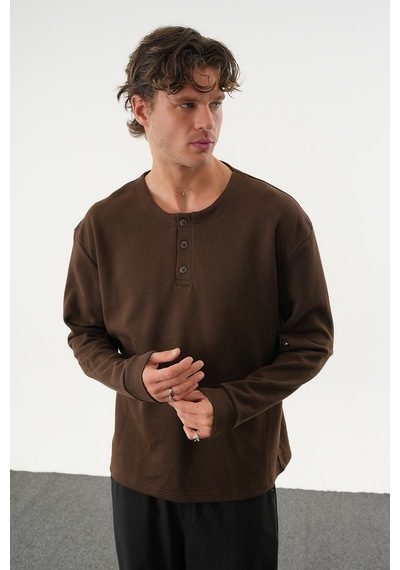 Redline Taren Oversize Erkek Kışlık Düğmeli Sweatshirt Kahverengi