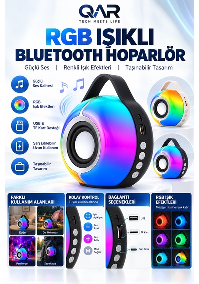 Rgb Led Işıklı Bluetooth Hoparlör Usb Ve Hafıza Kartı Destekli Taşınabilir Mini Ses Bombası Siyah