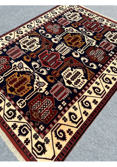 El Dokuma Koyu Lacivert Yörük Halısı 190x246 Yün Salon Halısı Lacivert