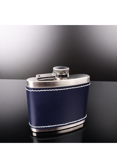 Perlotus 5 Oz-150 Cc Hunili Lacivert Premium Deri Kılıf Çelik Viski İçki Konyak Matarası Sevgililer Günü