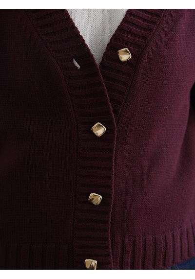 Lcw Comfort Bordo V Yaka Kendinden Desenli Kadın Triko Hırka