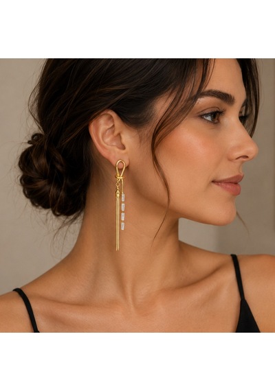 Biju By Servi Baget Taşlı Zincir Sallantılı Altın Renk Küpe-282 Gold