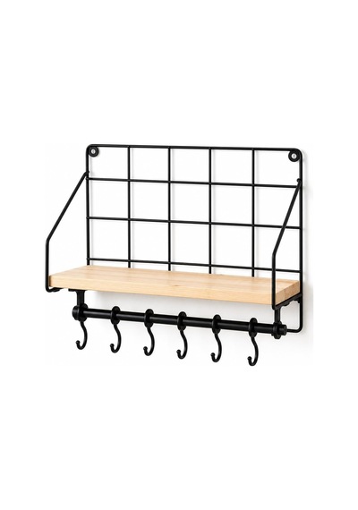 Duvara Asılabilir Yapışkanlı Raf Ve 6 Kancalı Organizer, Ahşap Raflı Metal Mutfak Düzenleyici, Delmeden Monte Edilebilir Askılı Duvar Rafı, Baharatlık, Havluluk, Bardaklık 50 x 22