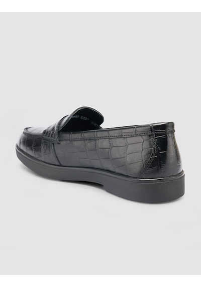 %100 Hakiki Deri Siyah Croco Desen Kadın Loafer Siyah