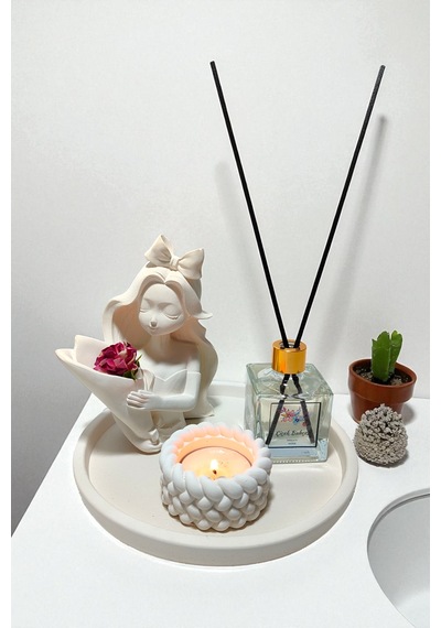Dekoratif Vazo, Oda Kokusu Ve Mum Seti - Vazo+oda Kokusu+tealight Mumluk Ve Mum+yuvarlak Tepsi Beyaz