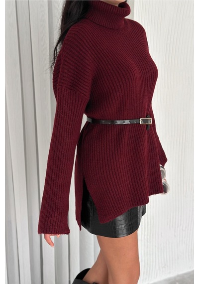 Femelle Kadın Bordo Standart Beden Basic Boğazlı Oversize Triko Kazak
