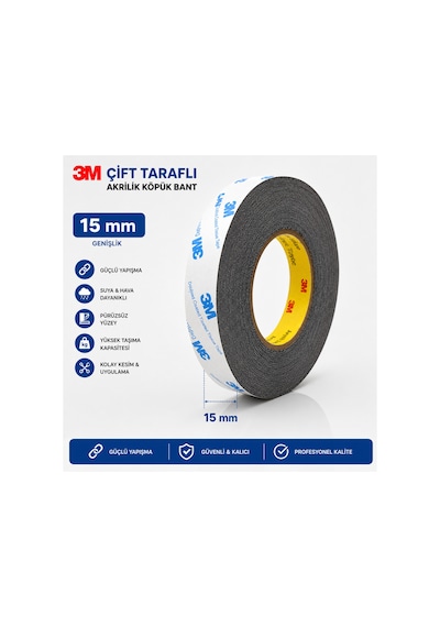 3m Scotch Çift Taraflı Bant 15 Mm X 50 Metre Güçlü Yapıştırıcı Siyah Akrilik Bant Ekran Cam Kasa Kapak Tamir Bandı