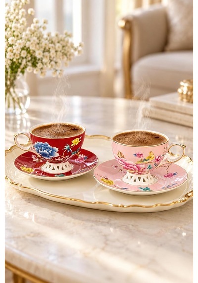 2'li Pembe Bordo Kahve Fincan Seti 90ml Butik Çok Renkli