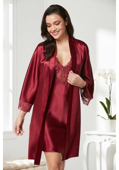 Pierre Cardin Saten Dantelli Gecelik Sabahlık Takım 4280 Bordo 001