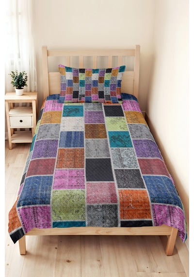 Patchwork Geometrik Renkli Tek Kişilik Dekoratif Pike Takımı-retro Mor Mozaik 160x220cm Yatak Örtüsü Kırçıllı Kireç Harmonu