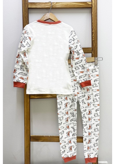 Hçm Erkek Çocuk Pijama Takımı Dinozor Baskılı Bisiklet Yaka C65 Kiremit