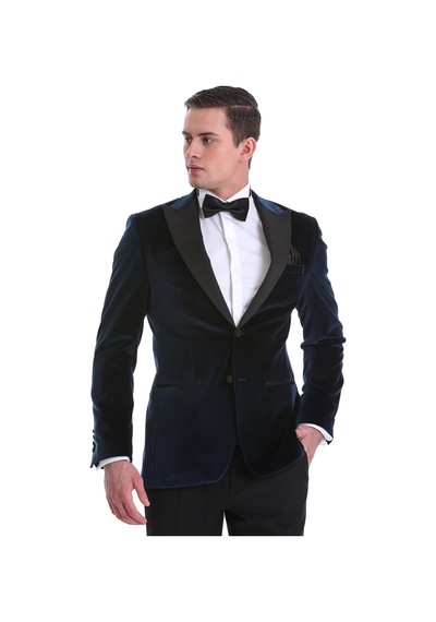 Hatemoğlu Lacivert Slim Fit Düz Sivri Yaka Kadife Klasik Smokin Damatlık 3 Lacivert