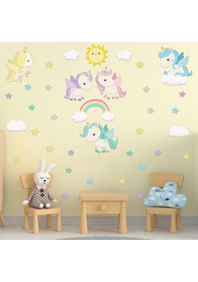 Rengarenk Unicornlar Ve Gökkuşağı Duvar Sticker Seti - Güneş, Yıldızlar Ve Bulutlar Çocuk Odası Dekoratif Çıkartma