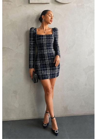 Kadın Trend Tasarım Kare Yaka Mini Uzun Kollu Elbise Saks