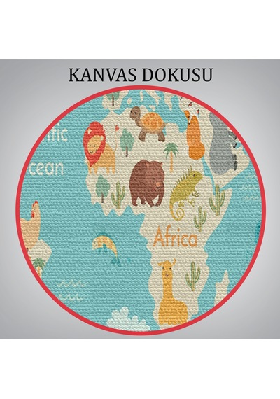 Hayvanlar Alemi Çocuk Odası Dünya Haritası Kanvas Tablo 1013 95 X 55