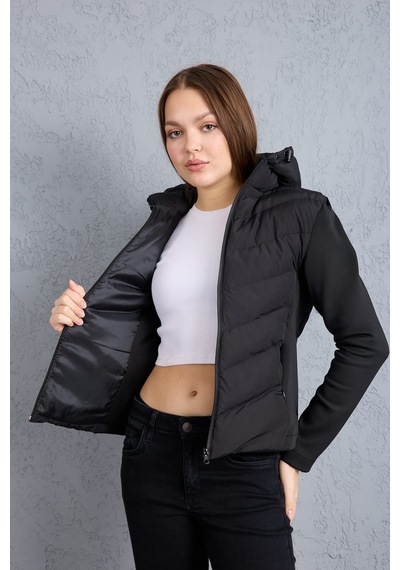 Moda Poni Siyah Kapüşonlu Şişme Mont