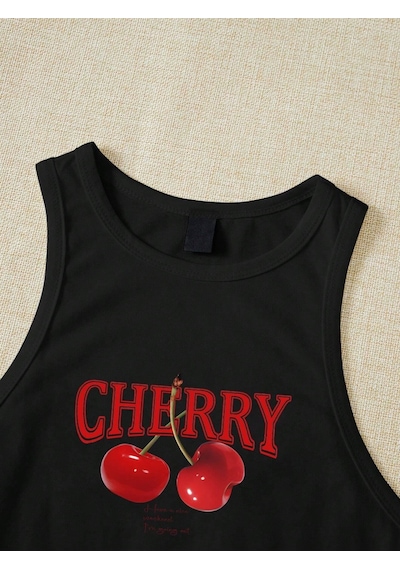Afri Kadın Siyah "Cherry" Baskılı Kolsuz Crop Atlet - Yazlık Sokak Stili Siyah