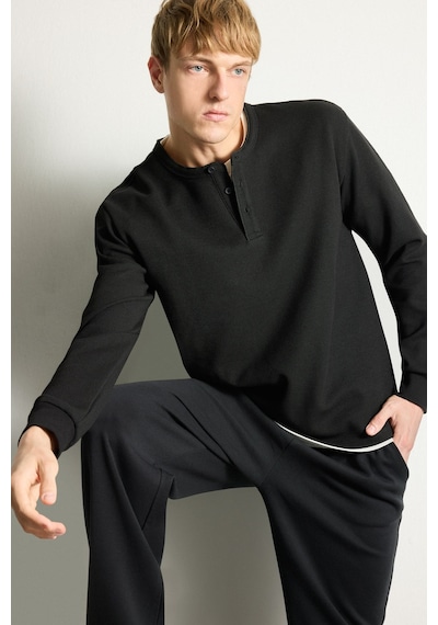 Defacto Regular Fit Waffle Dokulu Henley Yaka Uzun Kollu Basic Tişört I2067ax26aubk81 Siyah-bk81