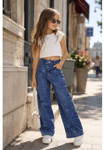 Kız Çocuk Işıltı Taş İşlemeli Wide Leg Jean - Denim Pantolon mavi