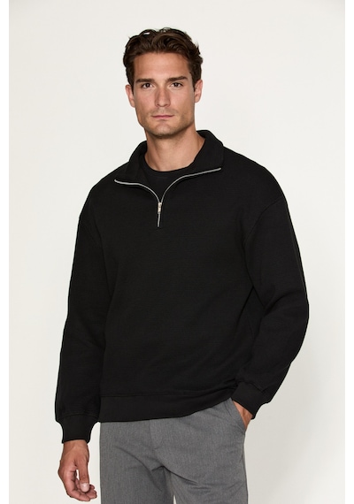 Grımelange Helor Erkek Organik Pamuklu Fermuarlı Dik Yaka Siyah Sweatshirt
