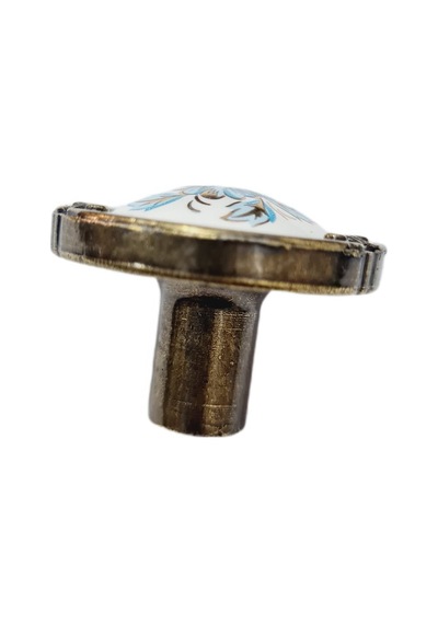 Porselen Düğme Kulp Metal Antiksarı Beyaz Motifli / 5 Adet Antik