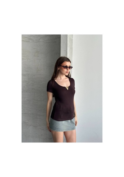 Asur Boutique Asur Butik Kadın V Demirli Esnek Kumaş Kısa Kol Body Kahverengi