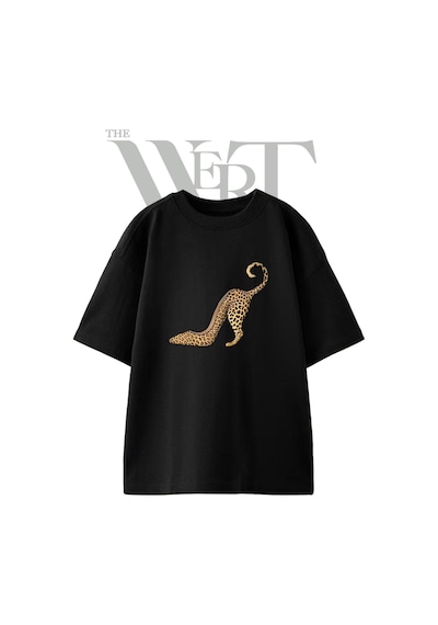 Thewert Leopar Pompa Tasarım Baskılı Ünisex Siyah Oversize T-shirt