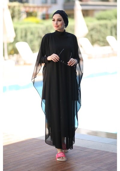 Remsa Mayo Tesettür Mayo Üzerine Desenli Tek Kaftan Pareo Rp001 Siyah Siyah
