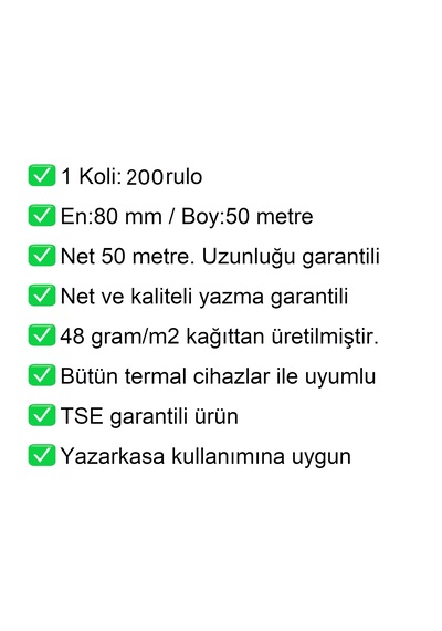 80x50 Metre Termal Yazarkasa Ve Adisyon Rulosu 1 Koli:200 Adet Rulo