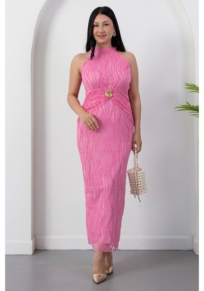 Kalopya Halter Yaka Beli Tokalı Bağlamalı Elbise Grs4023 Pembe