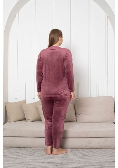 Büyük Beden Kırmızı Likralı Soft Kadife Pijama Takımı GÜL KURUSU