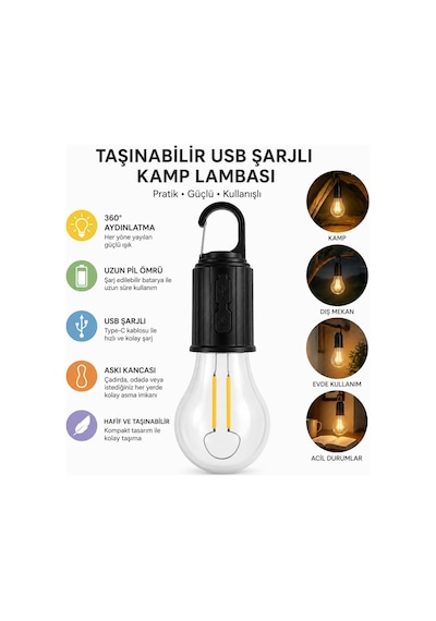 Şarjlı Kamp Ampulü Usb Type-c Girişli Asılabilir Led Ampul 3 Modlu Işık Gün Işığı Kamp Lambası