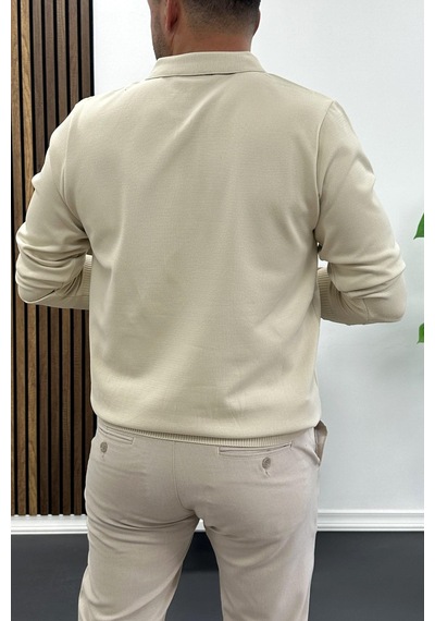 Edwox Erkek Yarım Fermuarlı Düz Desen Polo Yaka Kazak Krem Edw424 Krem