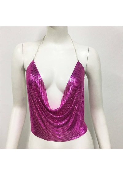 Hazego Parlak Fuşya Crop & Bluz Kolsuz Kayık Yaka Zırh Büstiyer Std