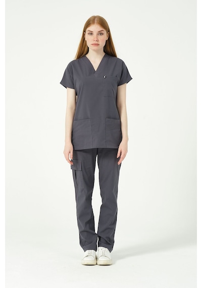 Füme Likralı Scrubs Kargo Cep Doktor Hemşire Forması Yarasa Kol Takım Unisex