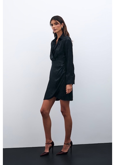 Sateen Desenli Kruvaze Elbise - Siyah-135582 Siyah