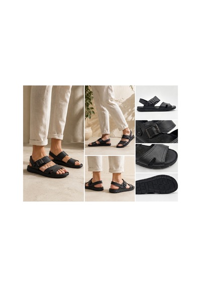 Ern Shoes İçi Dışı Hakiki Deri Ortopedik Erkek Terlik Sandalet Siyah