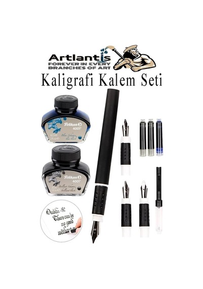 Kaligrafi Dolma Kalem Seti 4 Lü 1 Paket Mavi Ve Siyah Yedek Mürekkep Hat Yazma Tasarım Sanat Kalemi Hattat