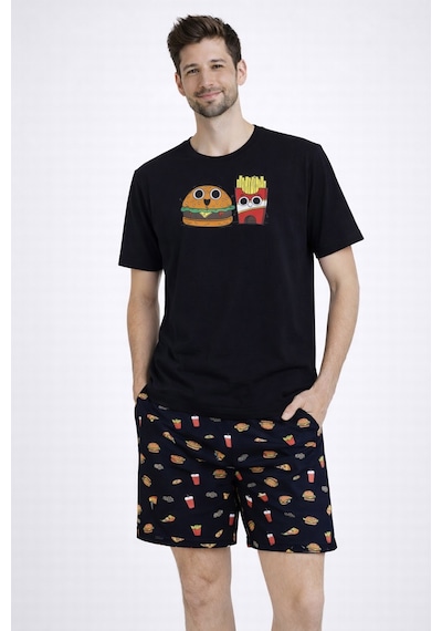 Erkek Pamuklu Baskılı Cepli Şortlu Pijama Takımı Ke77631 Siyah - Kırmızı